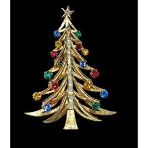 Vintage HTF Brooks Gemmed Gold Tone Christmas Tree Brooch